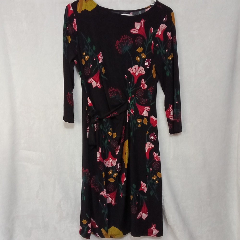 Ann Taylor Factory Petite Floral Faux Wrap Sheath Dress Black Pink Medium MP